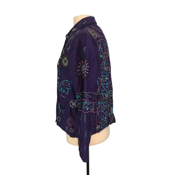 Chico's Design Womens Purple Teal Embroidered Boho Silk Jacket Blazer 1, 40 bust - Picture 8 of 10
